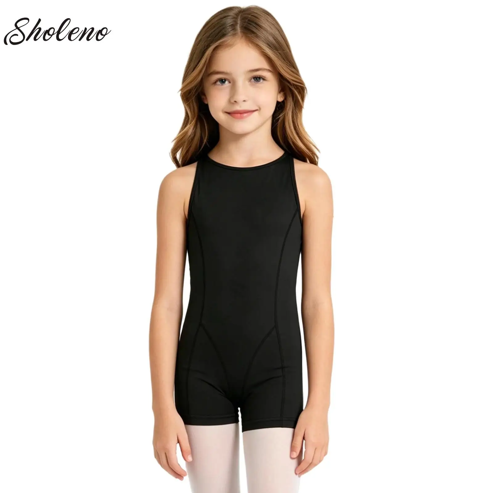 

Kids Tank Biketard Sleeveless Girls Unitard Round Neck Dancewear Gymnastics Bodysuit Shorty Bike Children Girls Ballet Leotard