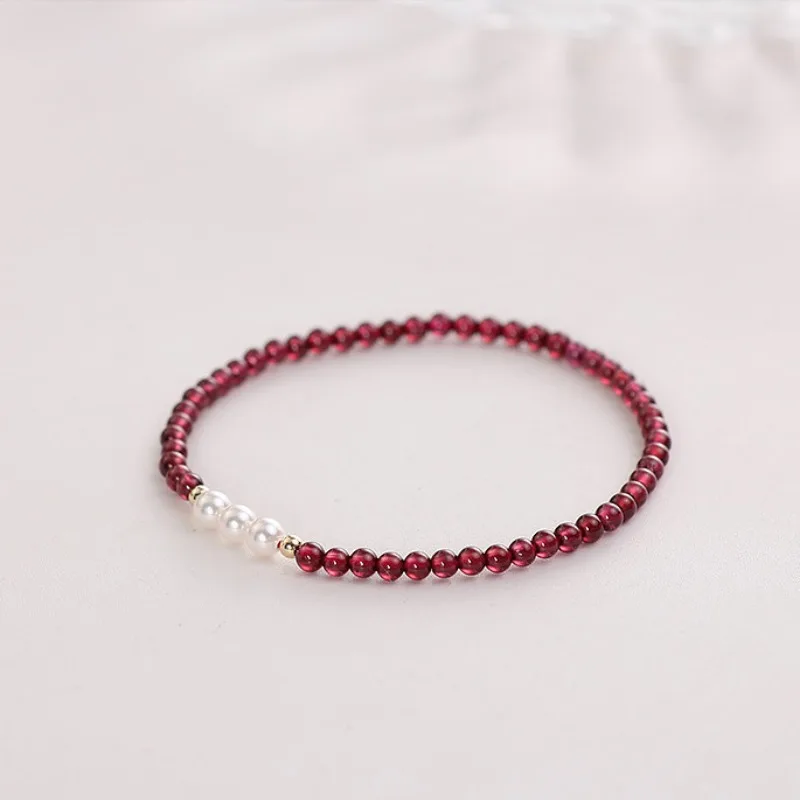 Minar Luxury Red Color Natural Stone Garnet Freshwater Pearl Strand Bracelets for Women 14K Real Gold Plated Copper Accessories