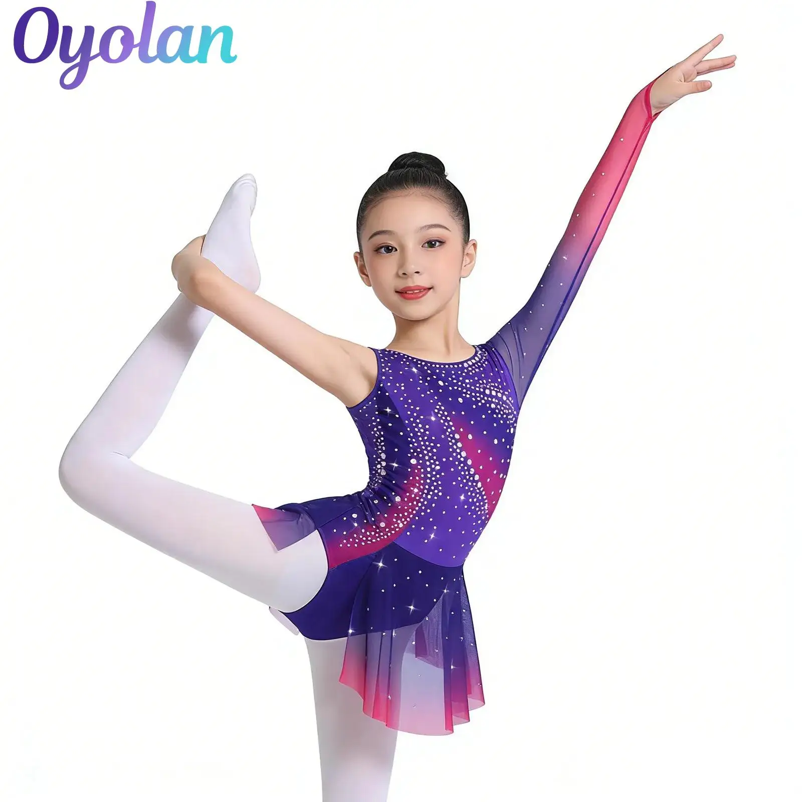 

Kids Girls Rhythmic Gymnastics Ballet Jersey Lyrical Dance Leotards Dress Split Shiny Rhinestone Artistic Figure Skating Costume