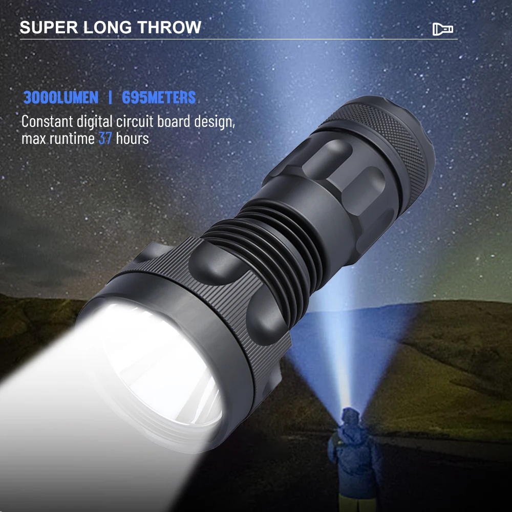 Jetbeam SST70 LED 3000LM 695M Range Tactical Flashlight 37H Runtime Torch IPX8 Waterproof Lamp Outdoor Light