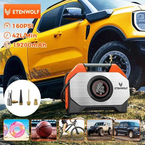 ETENWOLF VORTEX S6 Portable Air Compressor 100% Duty Cycle & Dual Cylinder 19200 mAh Car Tire Inflator Air pump P600 Baloon Pump