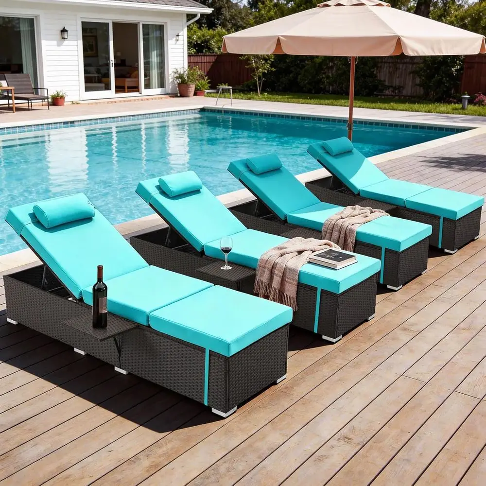 

4-Piece 6-Position Reclining Pool Lounger Set with Thick Cushion and Side Tray, Weather-Resistant Wicker for Outdoor Use (Blue)