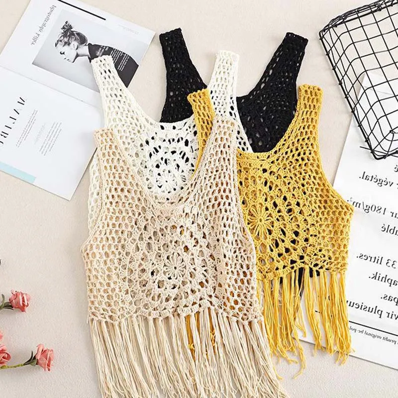 Boring Honey Thai Style Boho Vest Top Women's Vintage Hollow Out Ethnic Crochet Crop Top with Tassels Summer Vacation Beach Wear
