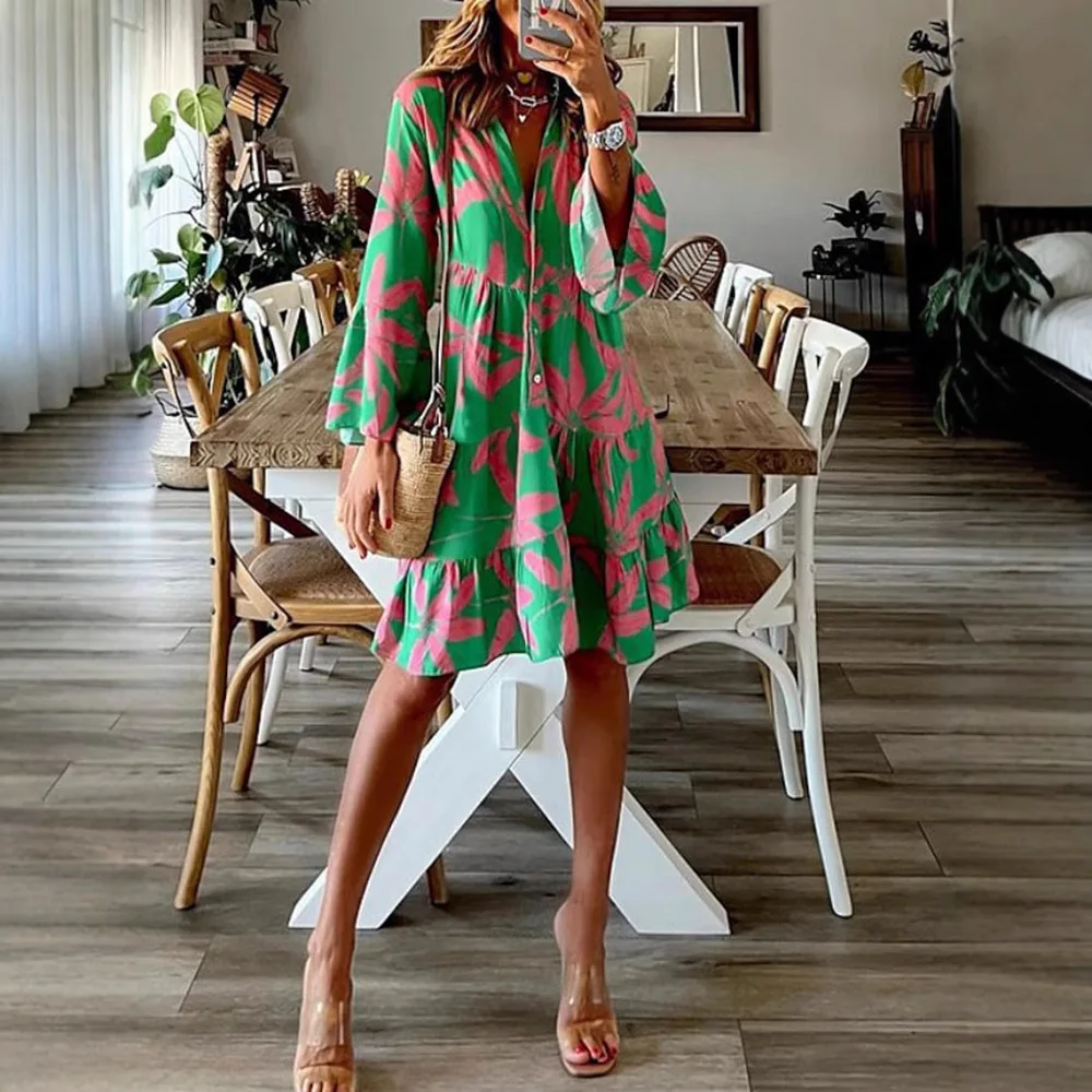 2025 الخريف بوهو عطلة قميص فساتين للنساء مثير الخامس الرقبة مضيئة كم أنيقة الكشكشة طباعة فستان الربيع فستان فضفاض غير رسمي