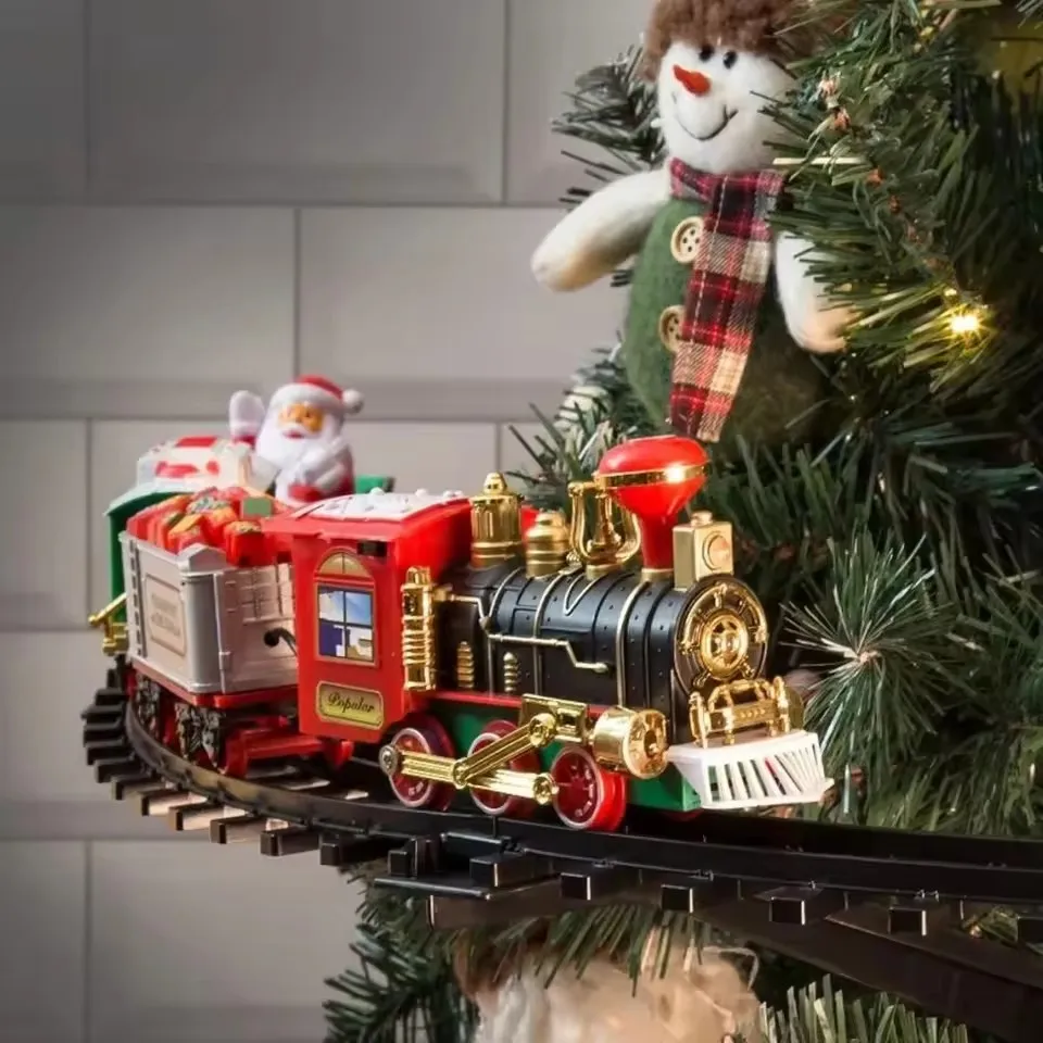 Tren de Navidad eléctrico, juguetes, decoración de árbol de Navidad, marco de vía de tren, coche ferroviario con sonido y luz, regalos de navidad