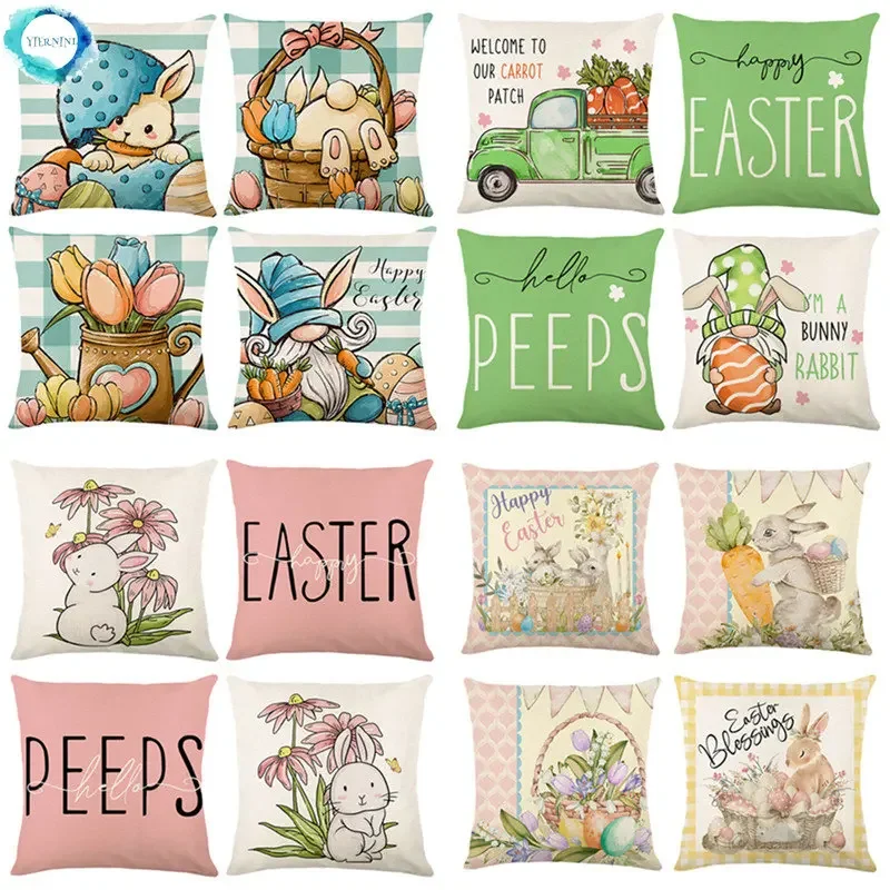 Easter Bunny Eggs Pillowcase 45x45cm Linen Pillow Covers Rabbit Easter Decorations Favors Home Decorative Sofa Cushion Cover