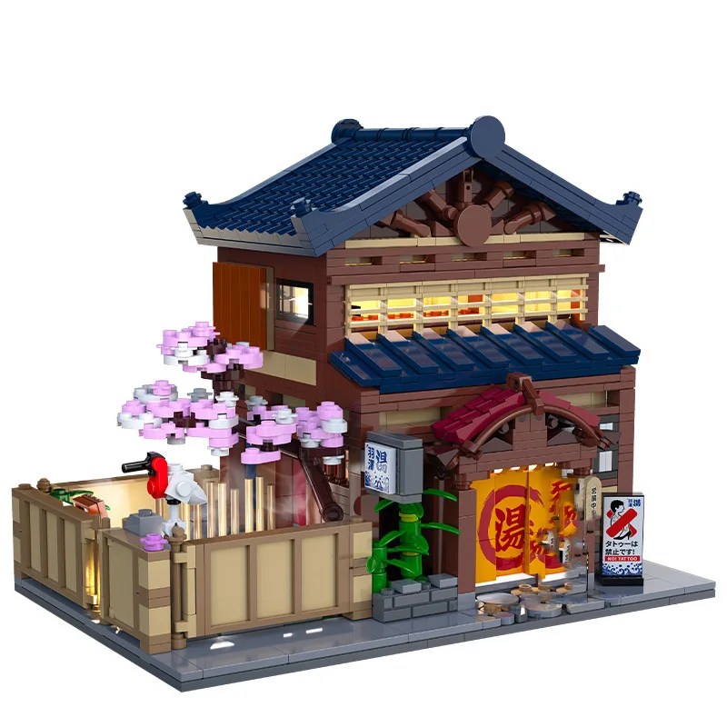 

Creative Japan City Street View Building Block Japanese Bathhouse Model Yunoya Bricks Figures Construction Toys With Light