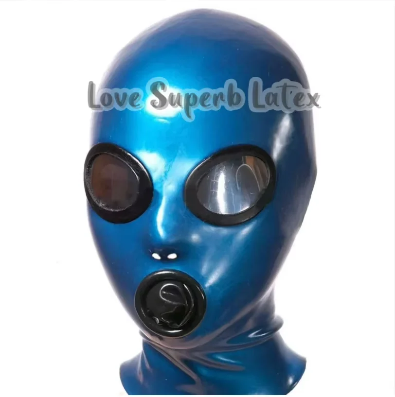 

Natural Latex Mask Blue Rubber Hood with Transparent Lens and Mouth Condom Unisex Cosplay Party Costumes Halloween