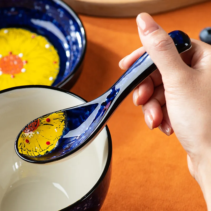 Japanese Style Ceramic Soup Spoons Household Tableware Flower Print Design Ceramic Kitchen Soup Rice Spoon Tablespoon Supplies