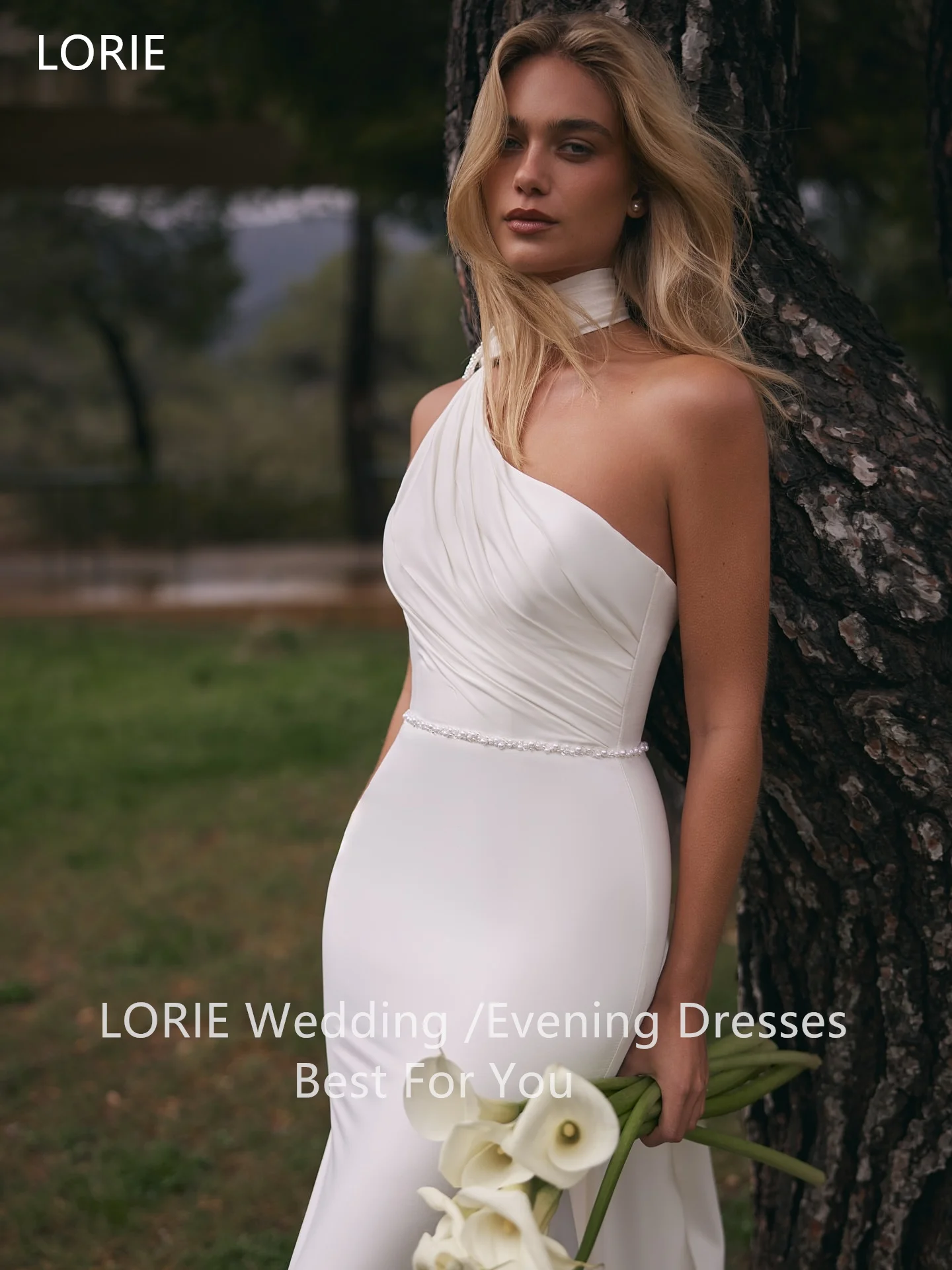 LORIE Satin Sheath Mermaid Wedding Dress Sexy Sleeveless Ivory Bridal Dresses One Shoulder Pleat Wedding Gown Customized