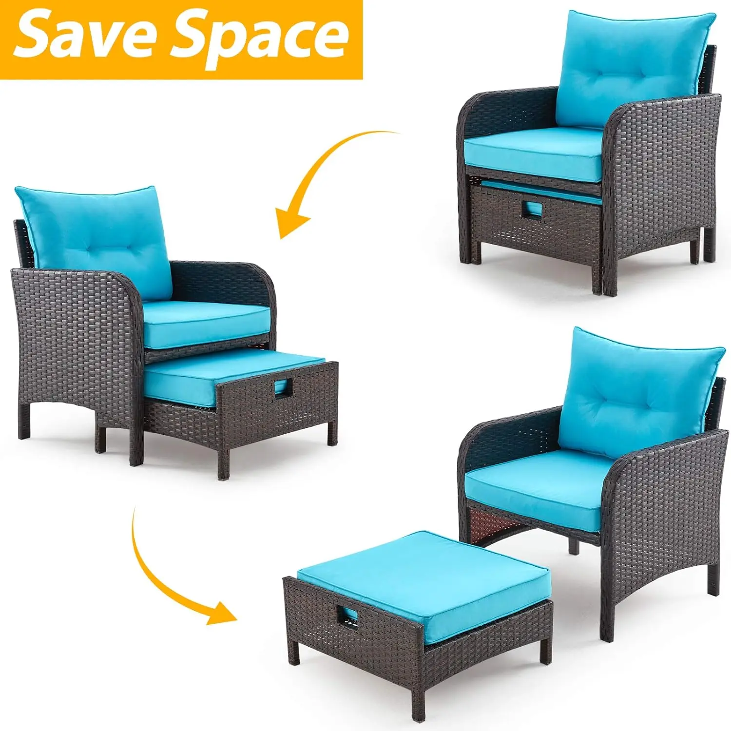 طقم فناء الروطان الخارجي مكون من 5 قطع مع طاولة زجاجية وعثمانيين ووسائد - أزرق