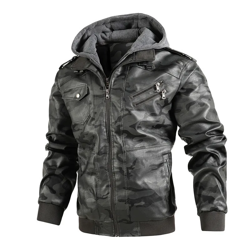 

New Male Street Wear Motorcycle Leather Jackets Hat Detachable Men Hooded Leather Jackets Camouflage Casual Leather Coats 4XL