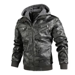 New Male Street Wear Motorcycle Leather Jackets Hat Detachable Men Hooded Leather Jackets Camouflage Casual Leather Coats 4XL