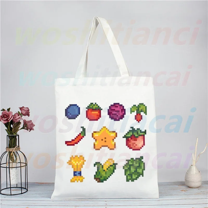 Sacola de ombro Stardew Valley Farm Canvas para mulheres, Pelican Town Game, Bolsas de compras eco reutilizáveis, Bolsas Ulzzang Vintage