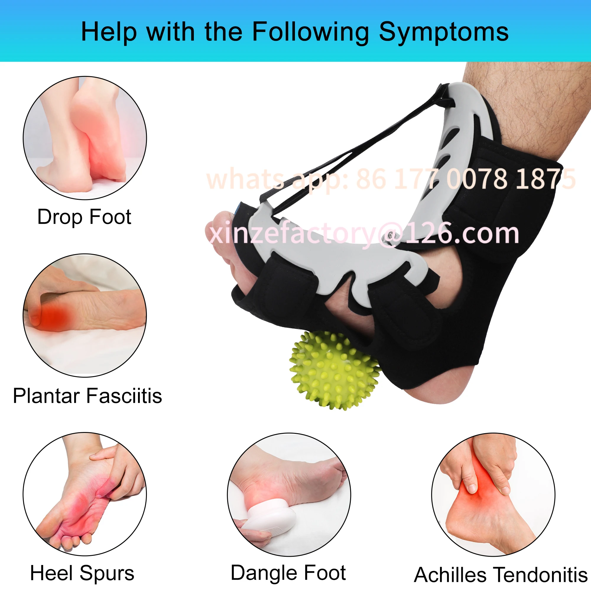 

Customizable Plantar Fasciitis Night Splint with Hard Spiky Massage Ball for Foot Pain Relief by Achilles Tendonitis, Foot Drop