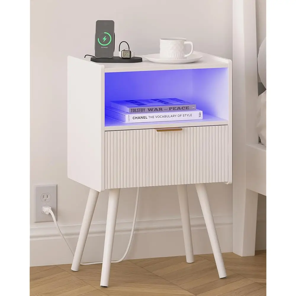 

White Nightstand, Modern Bedside Table With Charging Station And Led Lights, Wood Night Stand With Drawer And Opening Storage