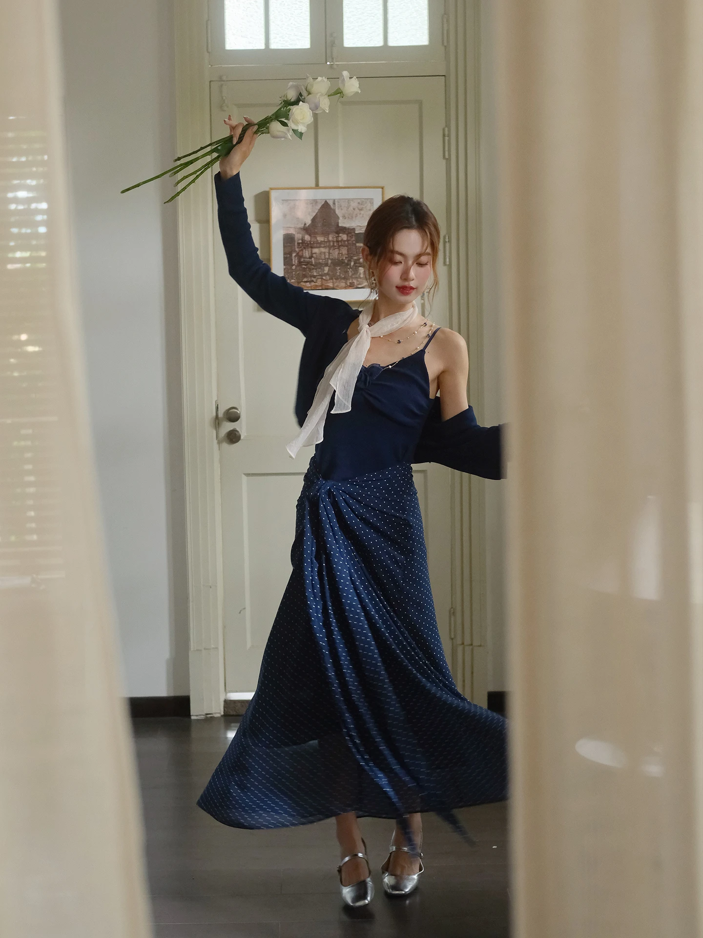 

Комплект из двух предметов Auntie Peters Pan: топ с 3D-цветами и поясом в горошек, французский стиль, для девочек-подростков, осенняя мода