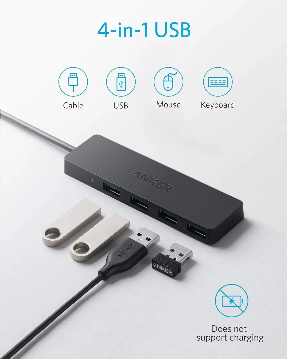 Anker 4-Port USB 3.0 Hub Ultra-Slim Data USB Hub with 2 ft Extended Cable SuperSpeed Data