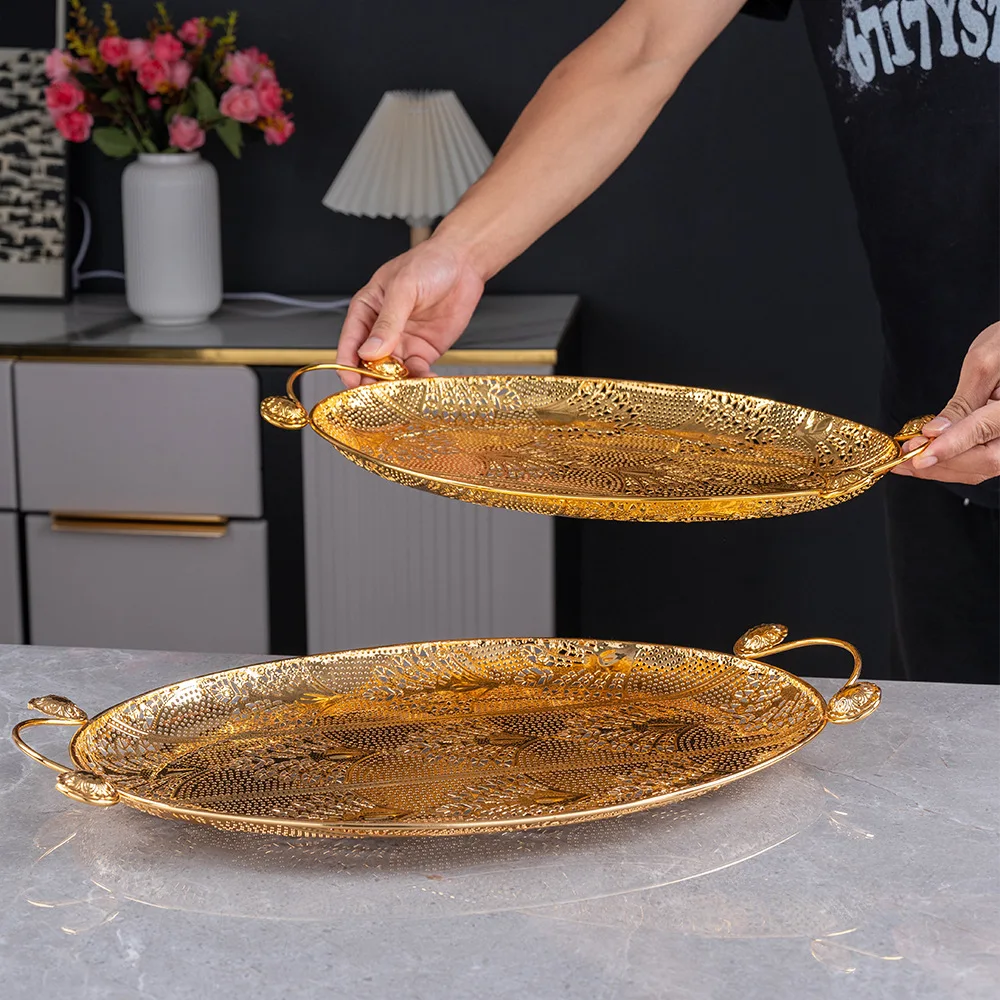 

1PCS Oval Long Gold Mesh Fruit Storage Dish, Metal Snack Party Serving Platter for Living Room Banquet Party Use Durable Mesh