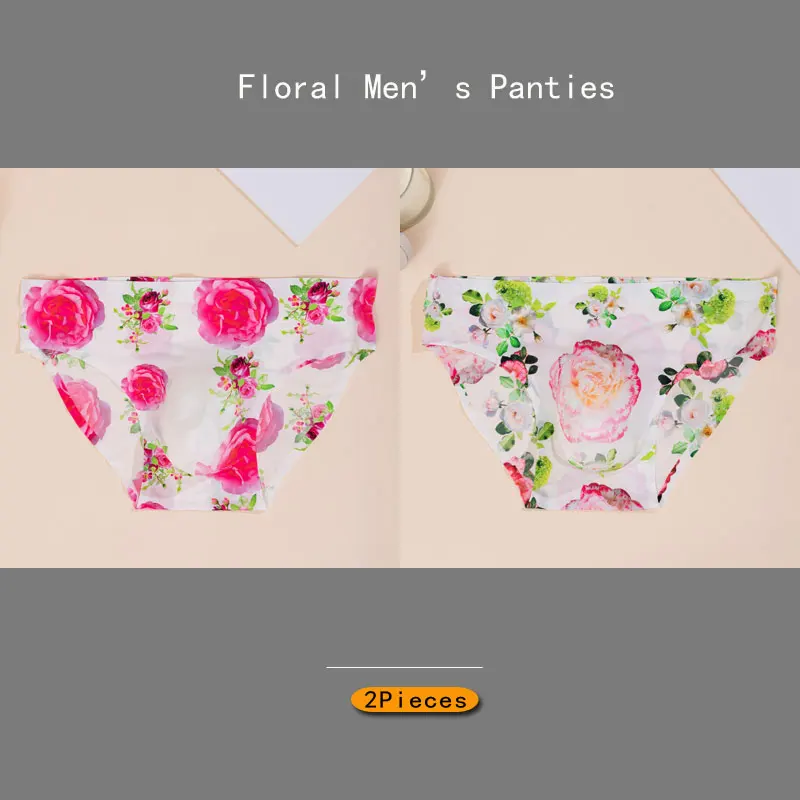 Celana dalam pria seksi motif bunga Bikini celana dalam sutra es sejuk pakaian dalam nyaman Lingerie mulus elastis