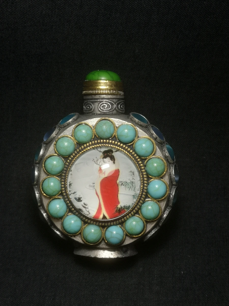 YIZHU CULTUER ART 3 inch Old China Tibet Silver Inlay Jewelry Painting Belle Beauty Snuff Bottle