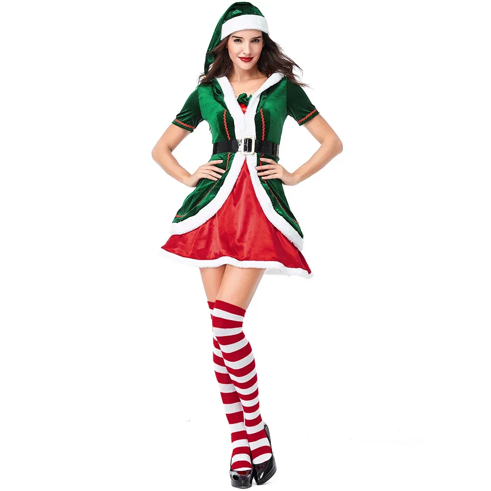 Adult Women Velvet Green Christmas Tree Elf Santa Claus Ladies Costume XMAS Outfit Dress Hat Stockings