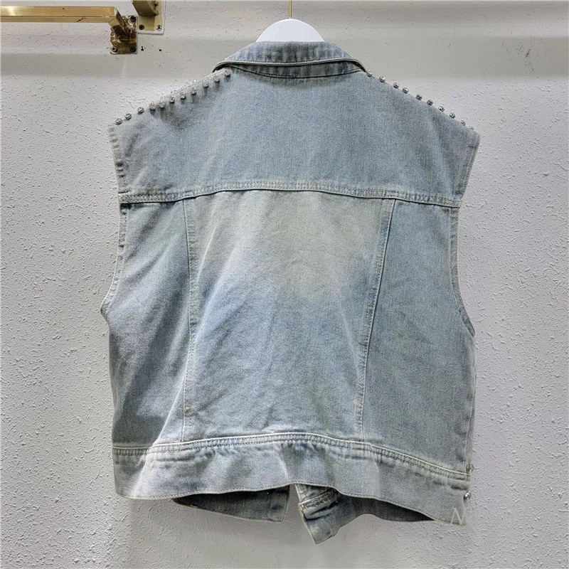 European Style 2024 Spring and Summer New Fashion All-Match Heavy Industry Tassel Design Diamond-Embedded Denim Vest Women's Top