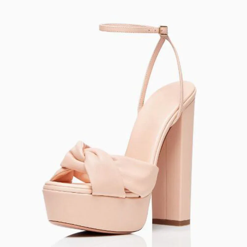 Gold Pink Blue White Twist Bow Platform Summer Sandals Women Fashion Buckle Strap Block Heel Banquet Dress Sandals Pumps Shoes