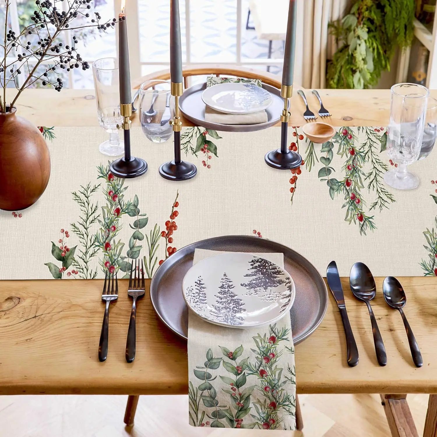 Berry & Eucalyptus Leaves Linen Table Runner, Christmas Holiday Dining Table Runner Decor