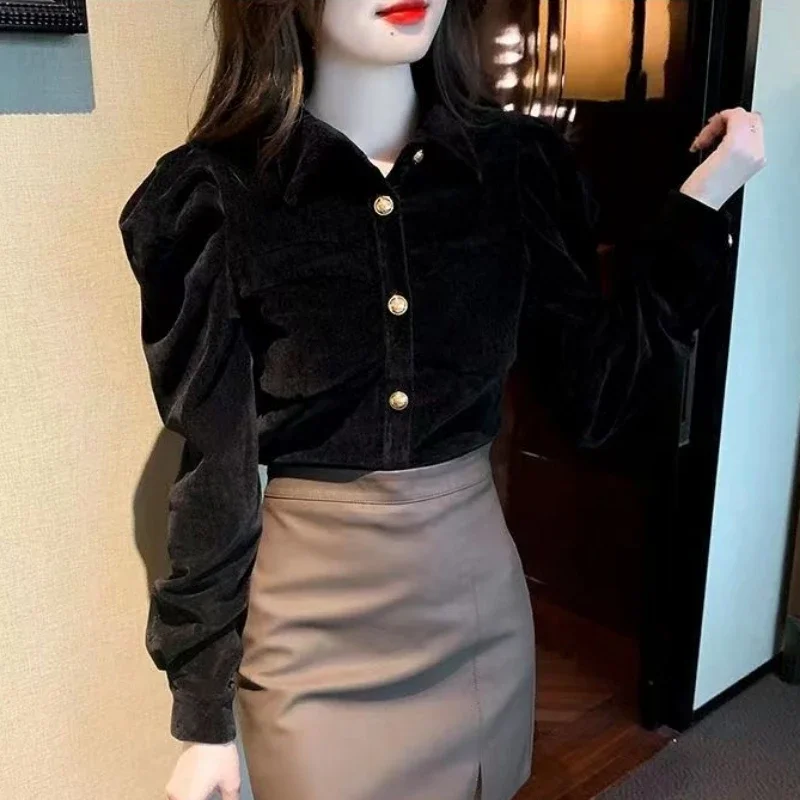 Office Lady Casual T Shirt New Fashion 2023 Black Vintage Chic Basic Solid Velvet Tops Puff Sleeve Sweet Stylish All-Match Loose