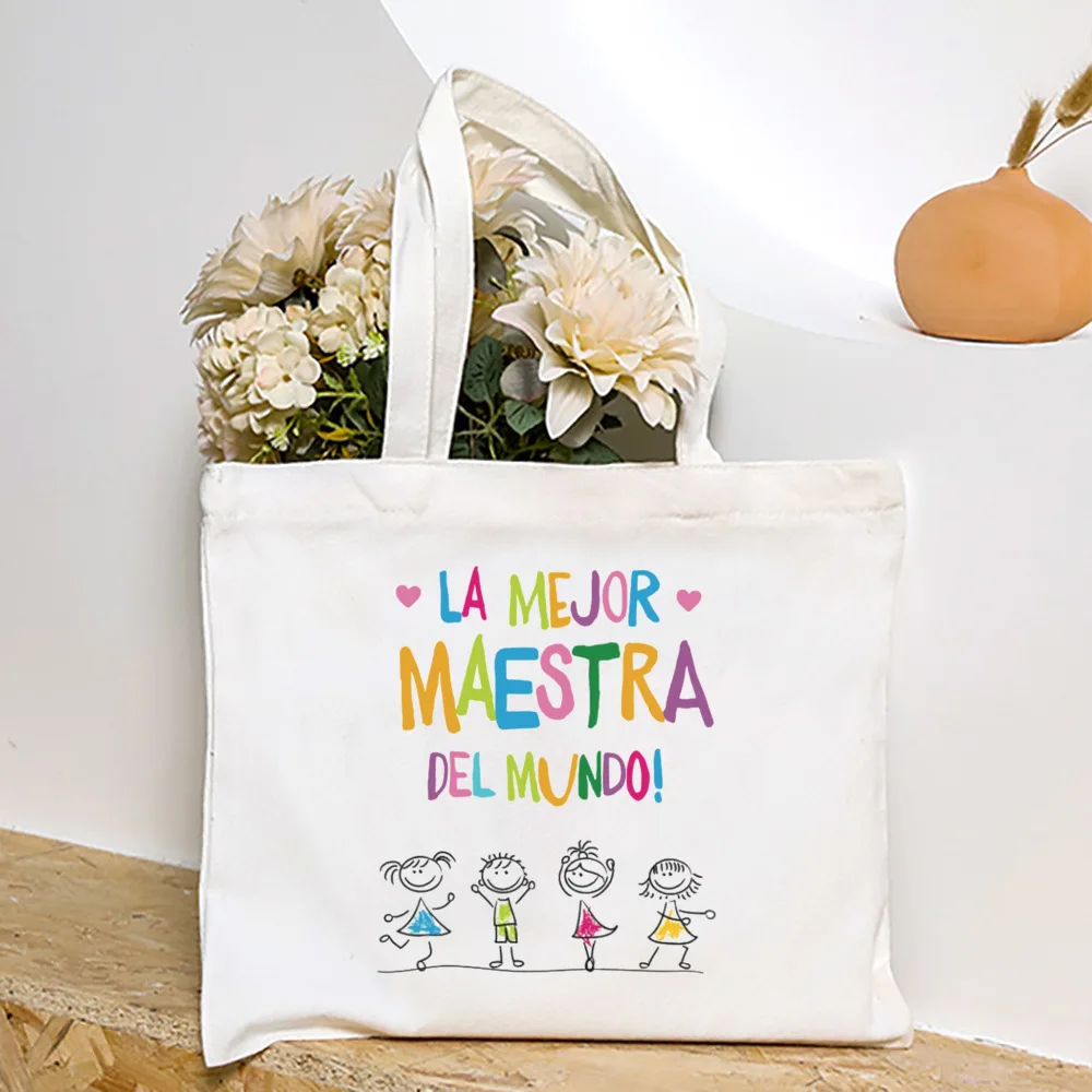Melhor professor do mundo espanhol impresso bolsa de ombro feminina lona sacos de compras bolsas femininas reutilizáveis tote presente para professor
