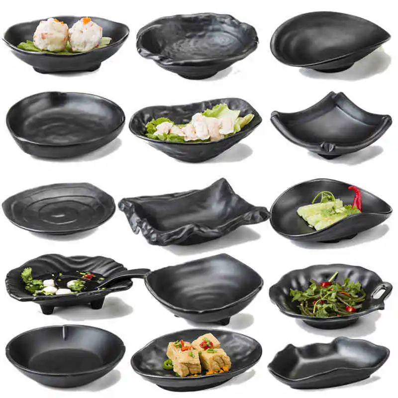 Irregular, melamine servies，tableware, noodle bowl, rice bowl, sauce plate, snack plate, sushi plate, black frosted plastic bowl