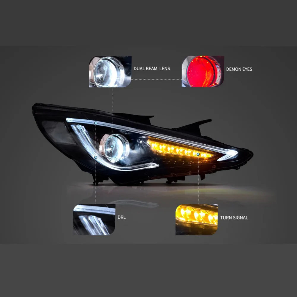 Car LED Front Lamp Daytime Running Light Dynamic Streamer Turn Signal Indicator For 11-14 Hyundai Sonata Headlight Assembly