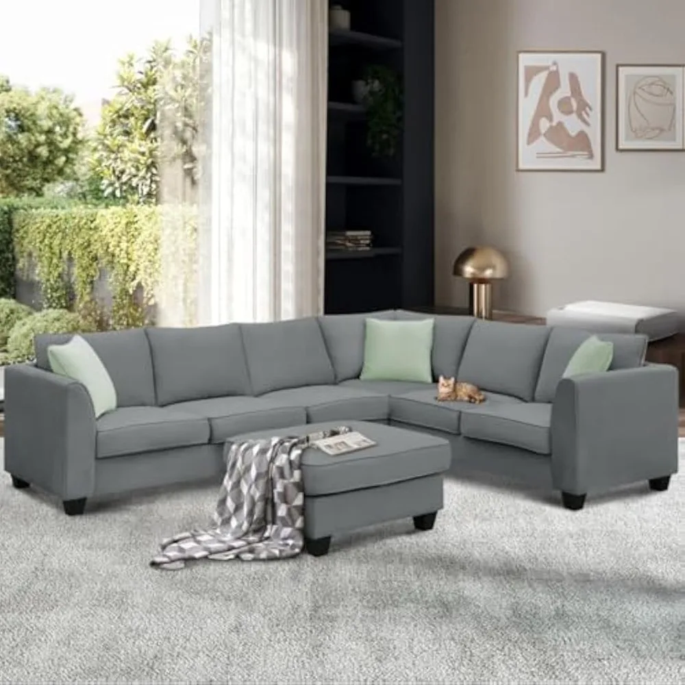 

Sofa Couches Living Room Sets, 7-Seats Modular Sectional Sofa with Ottoman, 112 * 87" L-Shape Sofa Corner Couch with 3 Pillows