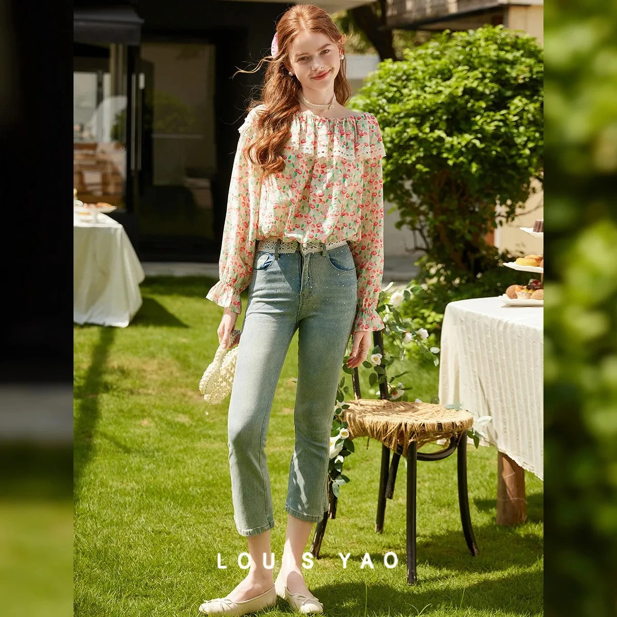 

LOUIS YAO Printed Floral Women Shirts 2025 Spring Autumn Lace Design Women's Blouses Gentle Off-the-shoulder Long Sleeve Tops