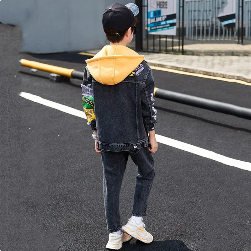 Clothing Denim Children Set Boy Teenager Clothes Spring Suit 2023 New Korean Fashion Cowboy Two Pieces Hooded Patchwork Pantset