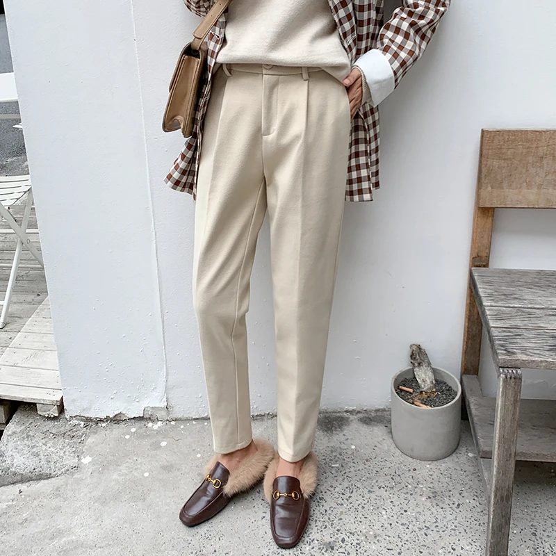 Autumn High Waist Harem Trousers Elegant Female Warmth Thick Solid Ankle-Length Pants New Women 2024 Winter Woolen Pants