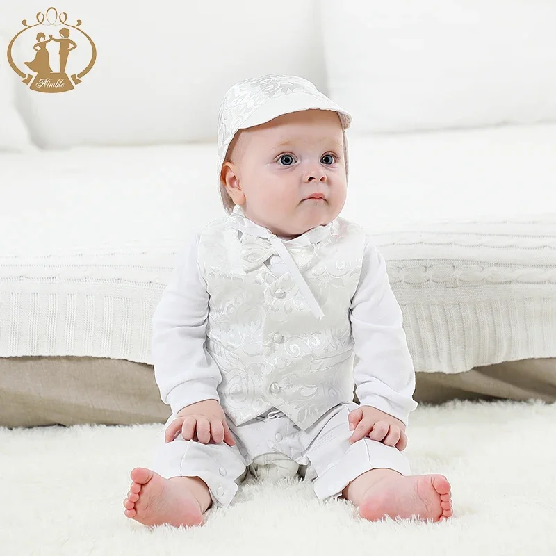 White Baby Boy Clothes Set Baptism Outfits Solid Full Sleeve Jacquard Suit Lace Christening Gown Newborn Gentleman Birthday Gift