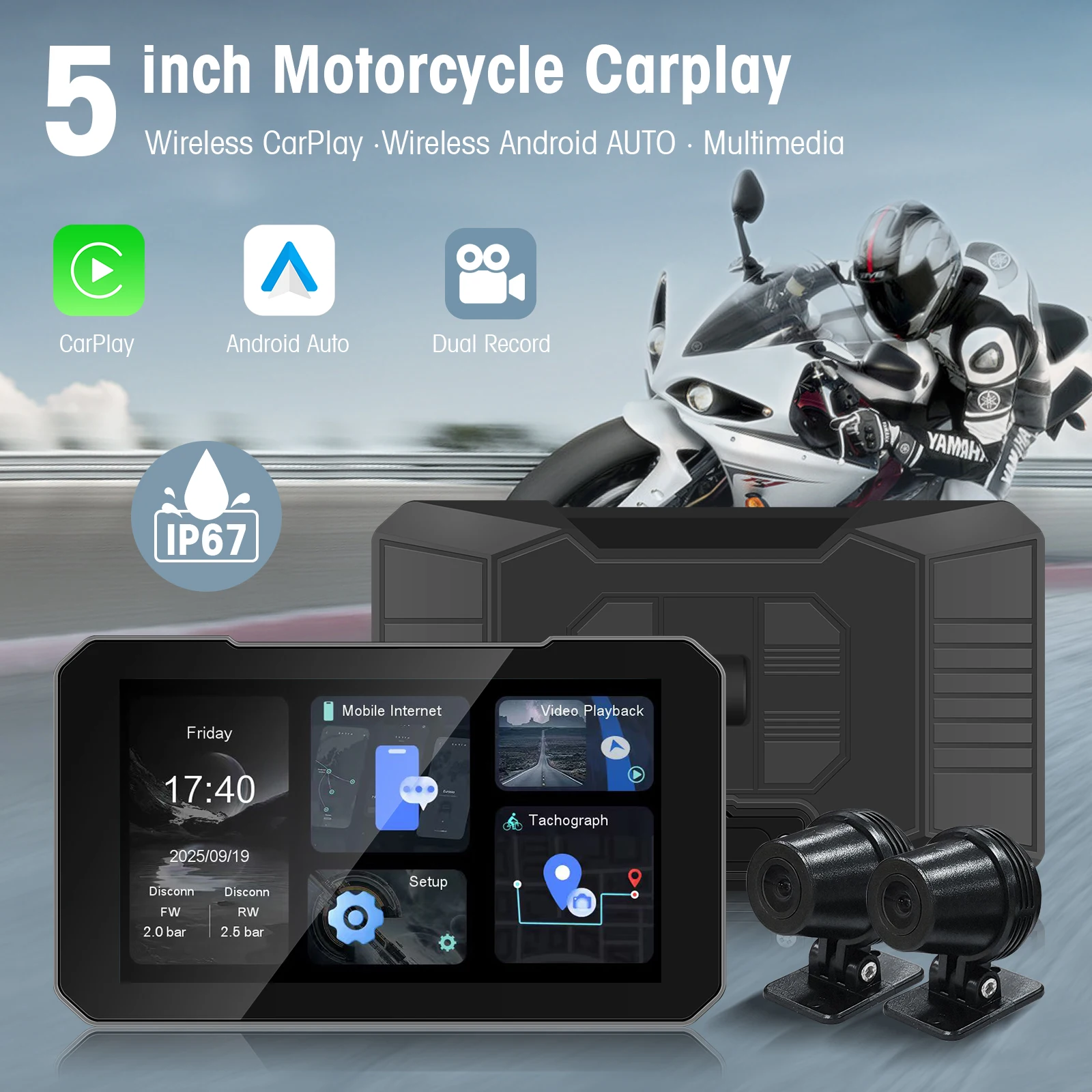 شاشة Ezonetronics مقاس 5 بوصات تعمل باللمس للدراجات النارية CarPlay تدعم تسجيل الكاميرا المزدوجة مع CarPlay اللاسلكي وAndroid Auto IP67 #1