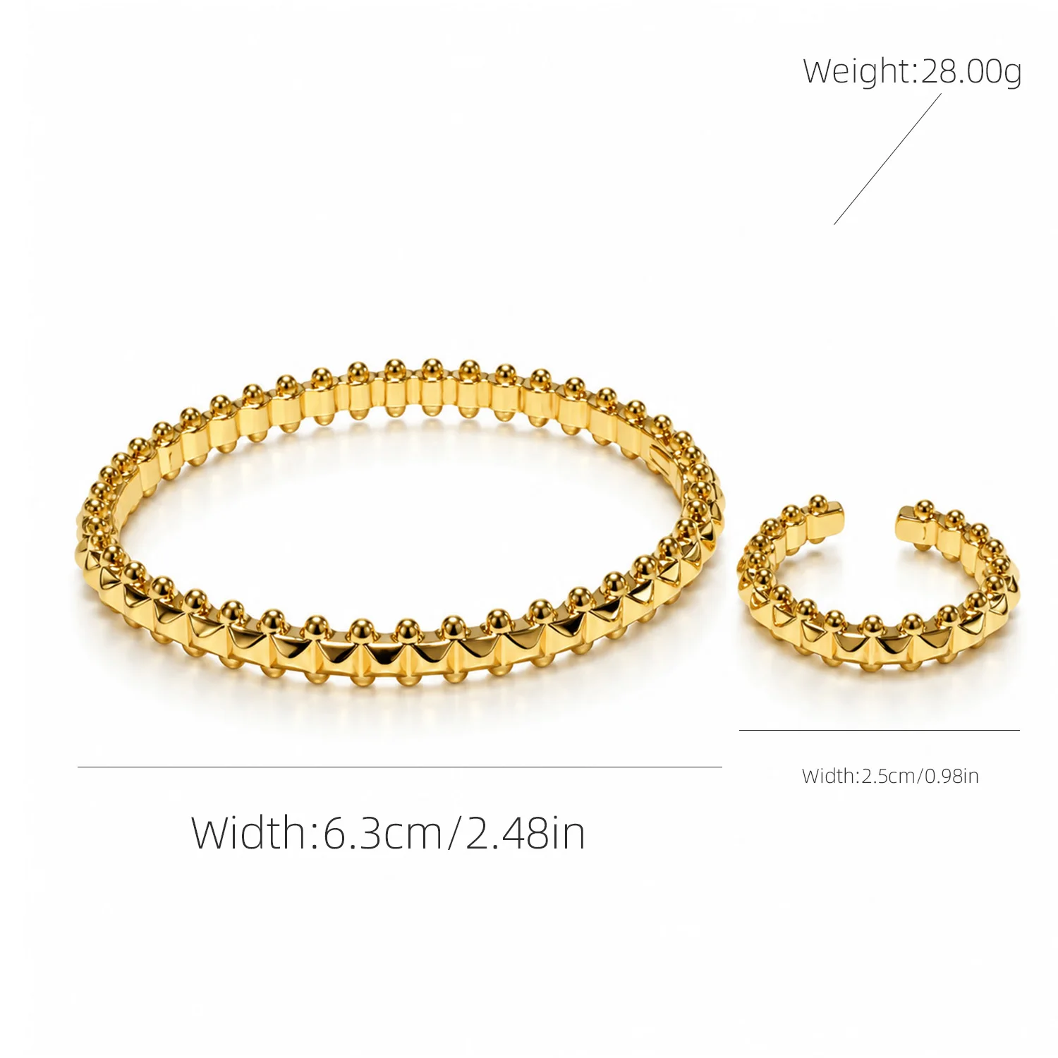 2Pcs/set textured stud open bangle and ring set continuous spike bead cuff bracelet trendy matching jewelry set for women daily