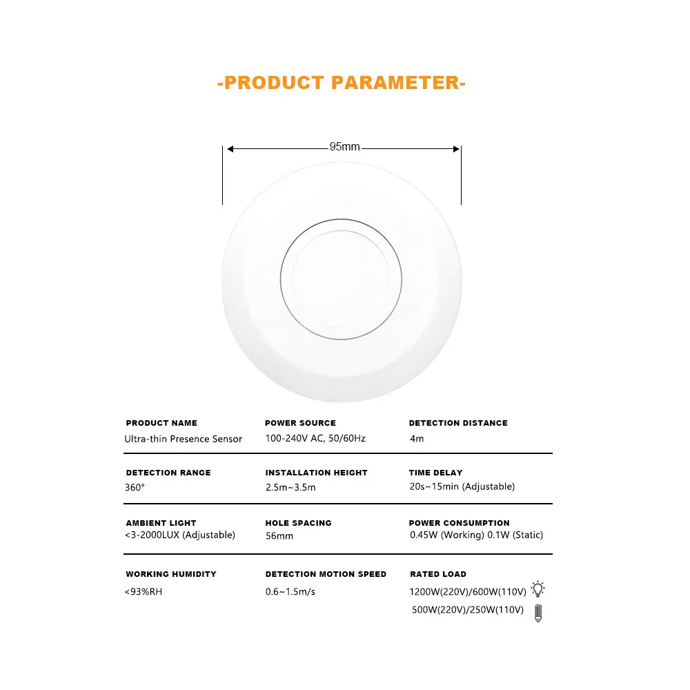 AC110V 220V 24G adjustable ultra-thin round human body presence sensor LED lamp that stays on when the person is present