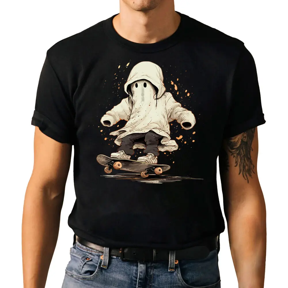 Halloween Skateboarding Ghost T-shirt - Spooky Skater Shirt Unisex T-shirts For Man Woman Short Summer Tees Luxury Brand