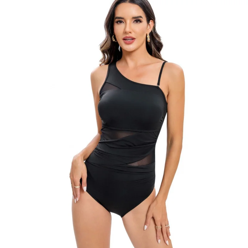 

2024New One-Piece Swimsuit Women's One-Shoulder Sexy Patchwork Mesh Swimsuit Bikini Wholesale