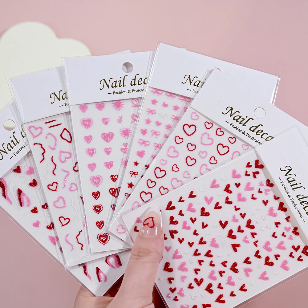 1PC 5D Pink/Red Love Heart Nail Sticker Glitter Shiny Heart Valentine\'s Day Nail Decal 8*10cm Kawaii Self-adhesive Nail Supplies