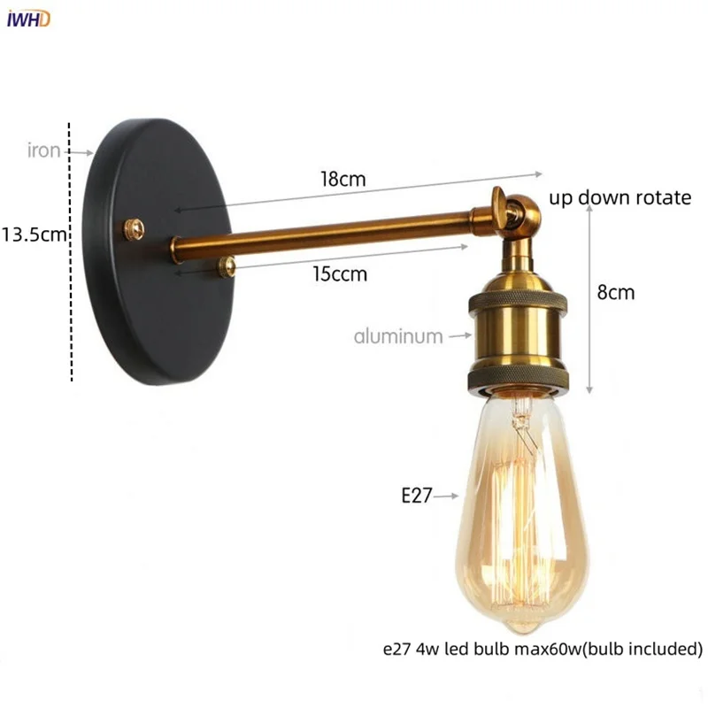 IWHD Vintage LED Wall Lights Indoor Bedroom Bedside lamp Bathroom Mirror Light Induatrial Loft Gold Iron Wandlamp Applique Pared