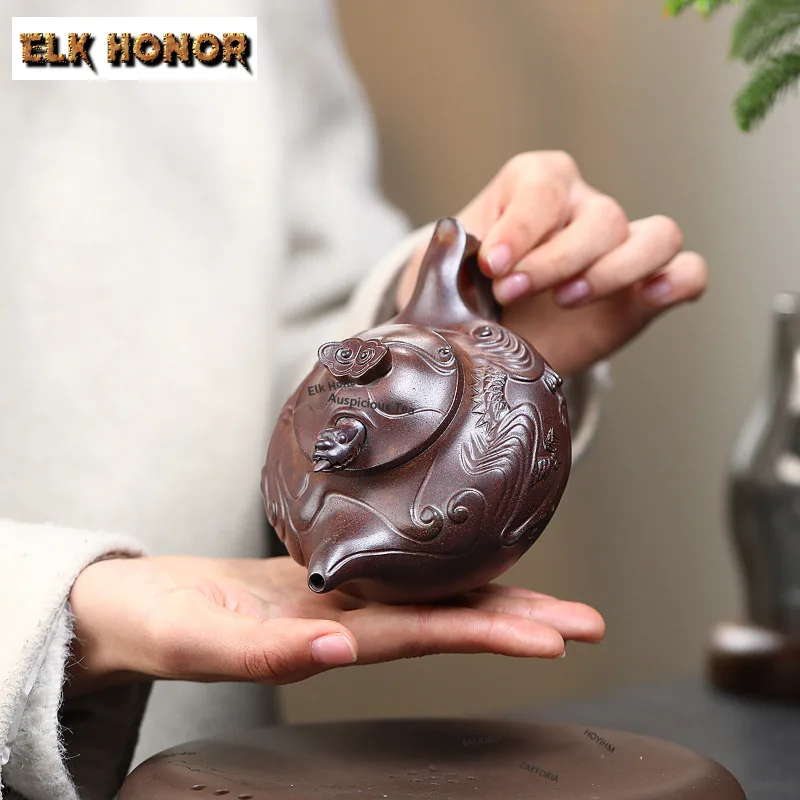 270ml Vintage Yixing Purple Clay Teapots Handmade Fish To Dargon Pot Raw Ore Wood-fired Section Mud Kettle Zisha Tea Set Teaware