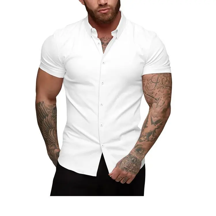 New Arrival Fashion Hot Sale Men's Muscle Formal Shirt Slim Fit Elastic Free Short Sleeve Men's Casual Button Shirt Men Top