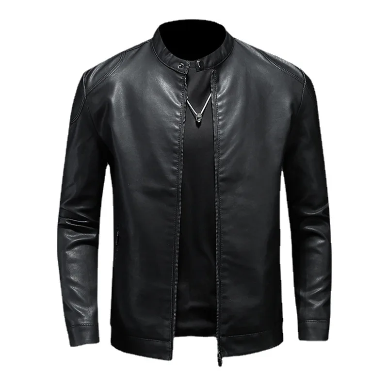 

Байкерская куртка из искусственной кожи в стиле ретро, мужская повседневная однотонная куртка из искусственной кожи на молнии с воротником-стойкой на весну и осень