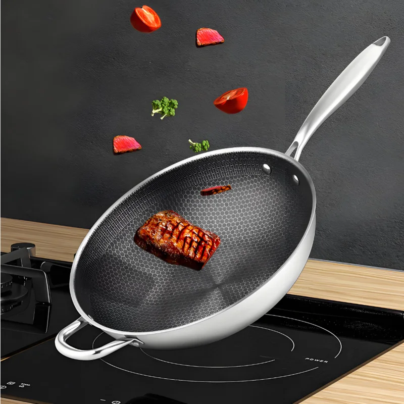 Stainless Steel Honeycomb Wok Pan, Physical Non‑Stick Frying Pan, Thickened Skillet, Household Flat Bottom Wok