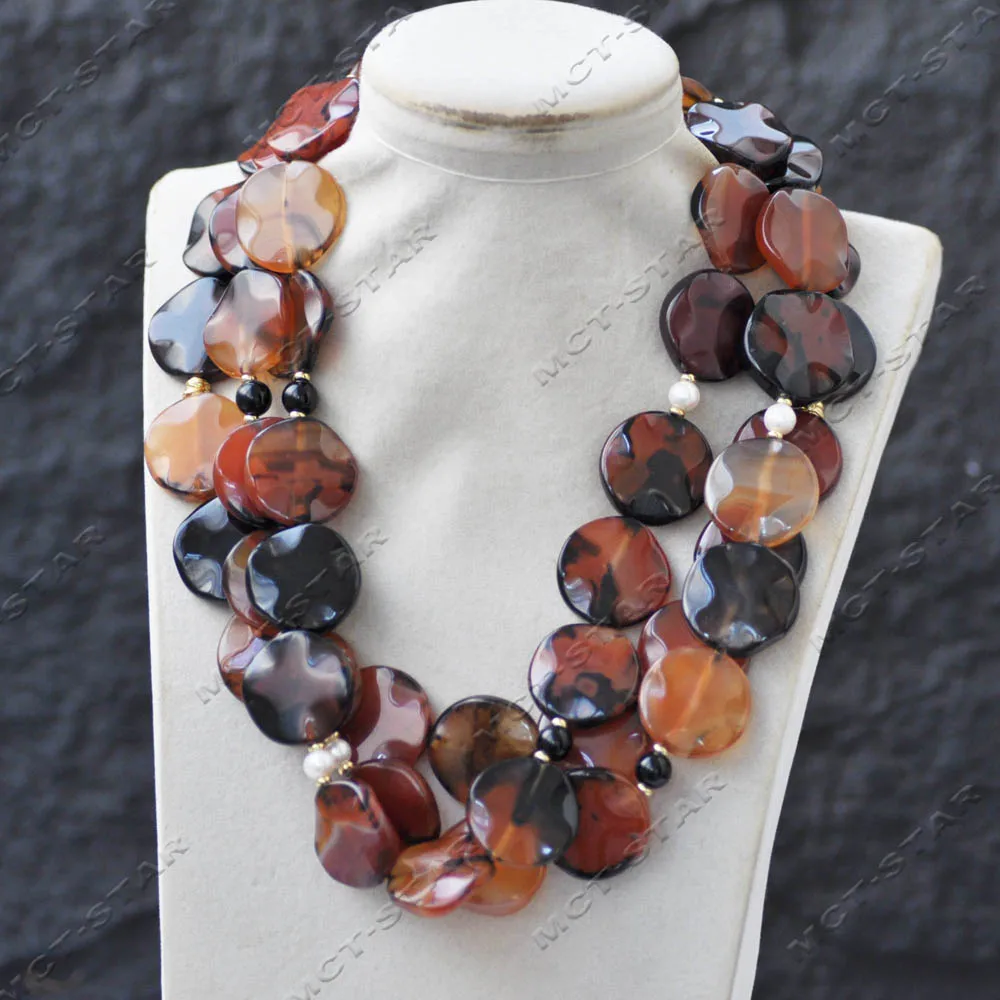 

Z14588 Natural 3Row 21'' 25mm Red Black Coin Hand Engraving Flower Dream Agate Necklace